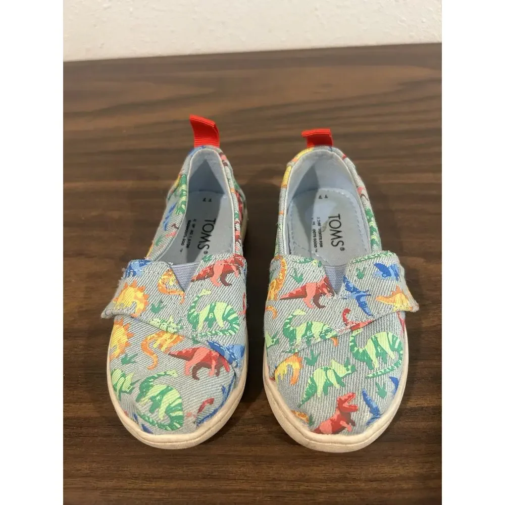 TOMS Alpargata Blue Denim Dino Slip‎ On Toddler Size 7 Shoes Dinosaur Sneakers
